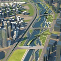 Urban Waterfront Landscape With River Bridges Green Spaces And High Rise Buildings