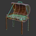 Rustic Metal Stand Grill with Blue Lid Green Handle Interior Glowing Grid and Legs