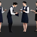 Professional Waitresses In Black Aprons Holding Trays During Service Actions