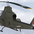 Olive Green Military Helicopter Flying in Sky With Shark Mouth Design and Weapons