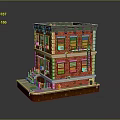 Two Story Red Brick Building Model With Green Roof Yellow Windows And Fire Escape