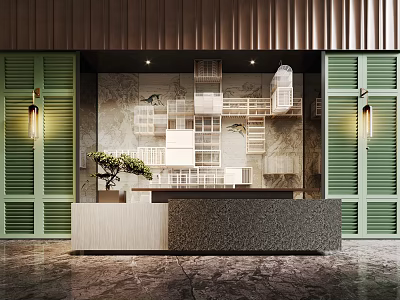 New Chinese Hotel Lobby Hotel Reception Front Desk Hotel Lobby Service Front Desk Sales Office Front Desk Wood Carving Wall Decoration Art Pendant 3d model