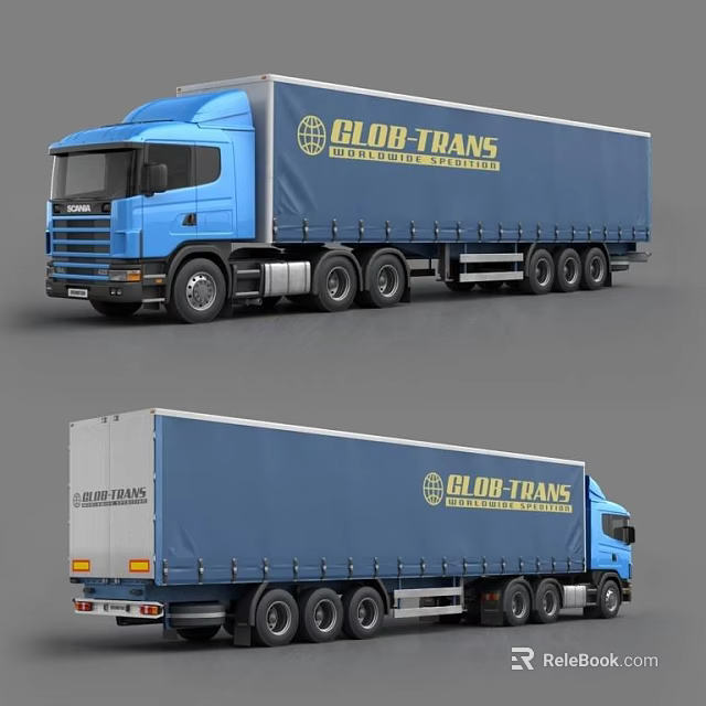 Blue GLOB TRANS International Transport Truck With Cargo Trailer Side And Front Views 3d model 
