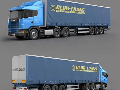 Blue GLOB TRANS International Transport Truck With Cargo Trailer Side And Front Views 3d model