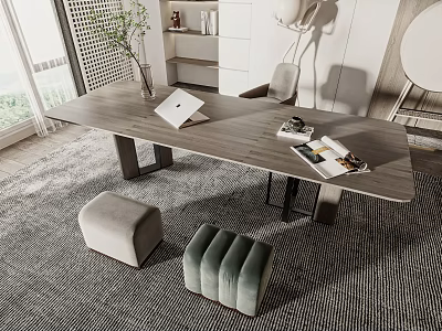 Modern Wooden Office Desk With Laptop Magazines Potted Plant And Green Ottomans 3d model