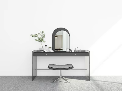Modern Black Dressing Table With Arched Mirror Green Plant And Stool 3d model