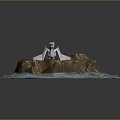 Pink And White Mythical Creatures On Rocky Island Surrounded By Blue Water Waves