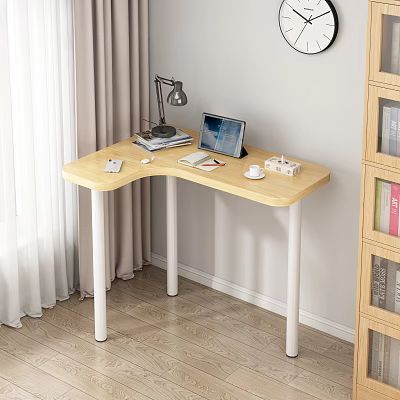 Wooden L Shaped Desk With Laptop Desk Lamp Books And Natural Light In Home Office 3d model