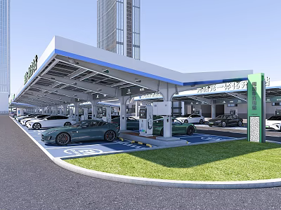 EV Charging Station Canopy Structure With Solar Panel Roof And Charging Ports 3d model