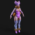 Game and Movie Character With Pink And Purple Hair Purple Bodysuit And Yellow Decorations
