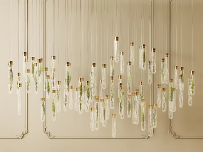 Hanging Modern Chandelier With Transparent Glass Tubes Golden Finials And Green Plants 3d model