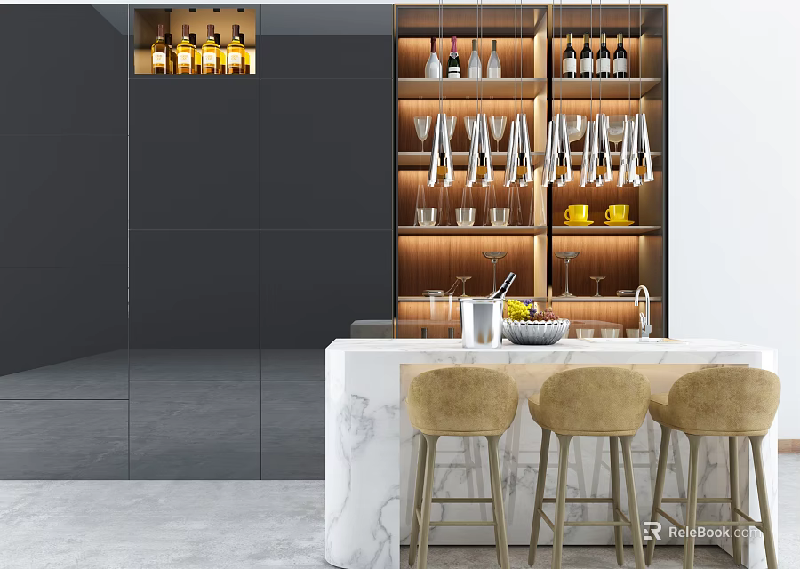 Modern Bar Design With Marble Countertop Beige Stools Wine Racks And Hanging Glasses 3d model 