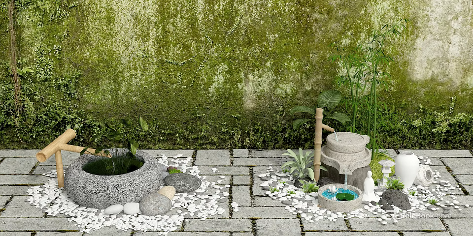 Garden Ornament Scene With Mossy Wall Stone Paving Stone Basin And Green Plants Fountain 3d model 