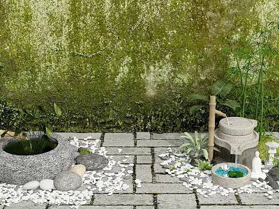 Garden Ornament Scene With Mossy Wall Stone Paving Stone Basin And Green Plants Fountain 3d model
