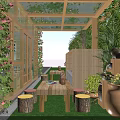 School Wooden Pergola Rest Area With Tables Benches Green Plants Decorative Paintings And Sunlight