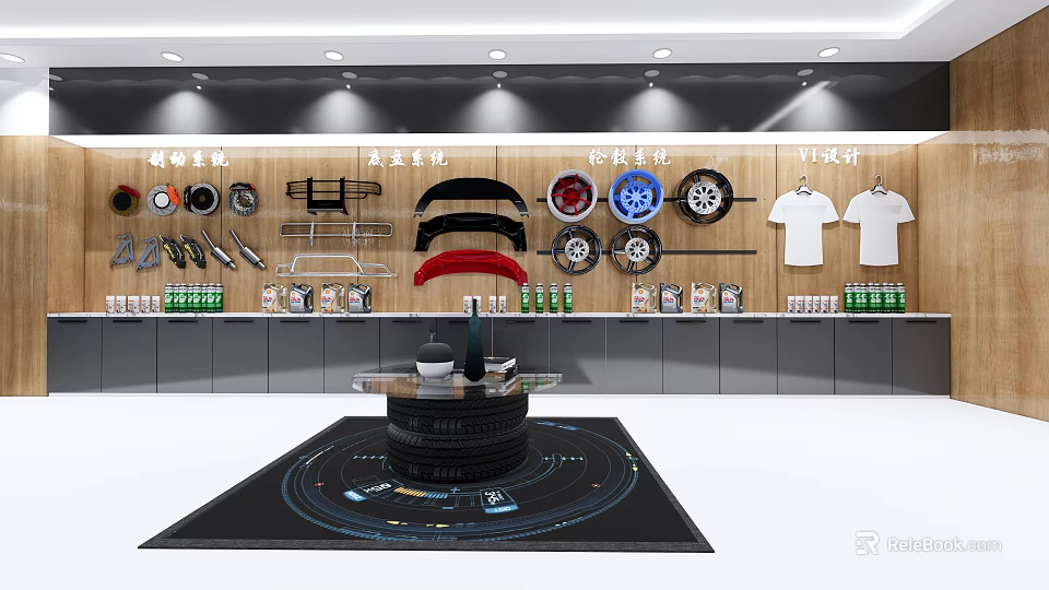 Automotive Product Display Backdrop With Tires Rims Trim And T Shirts On Wooden Shelves 3d model 