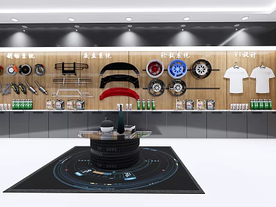 Automotive Product Display Backdrop With Tires Rims Trim And T Shirts On Wooden Shelves 3d model