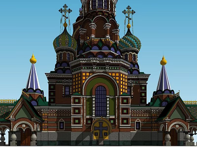 Russian Style Church Architecture With Colorful Onion Domes Crosses And Arched Doorway 3d model