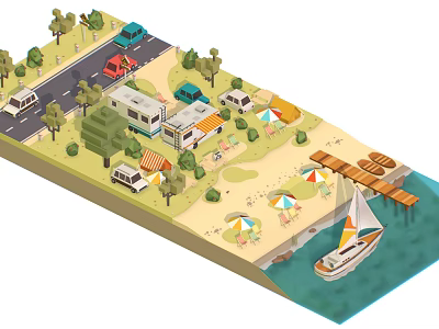 Modern Cartoon Scene Cartoon Camping Camping Isometric Camping on the River 3d model