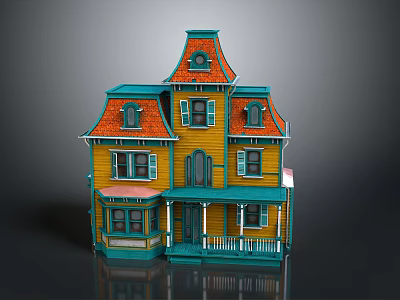 Playful Cartoon House Featuring Yellow Walls Orange Roof Blue Trim And Decorative Windows 3d model