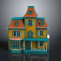 Playful Cartoon House Featuring Yellow Walls Orange Roof Blue Trim And Decorative Windows