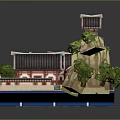 Cartoon Scene Of Traditional Chinese Architecture Courtyard With Curved Roofs Green Plants And Decorative Figures