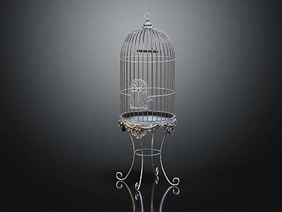 Silver Metal Birdcage Decorative Ornament Set With Intricate Base And Elegant Design 3d model