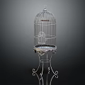 Silver Metal Birdcage Decorative Ornament Set With Intricate Base And Elegant Design