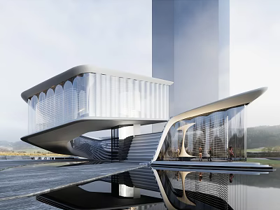 Modern Sales Office Building With Glass Curtain Wall Streamlined Design And Water Reflection 3d model