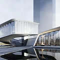 Modern Sales Office Building With Glass Curtain Wall Streamlined Design And Water Reflection