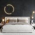 Modern Double Bed Interior Design With Gray Headboard Beige Bedding Circular Lights And Sea View