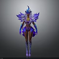 Woman In Ornate Blue And Purple Feathered Costume With Golden Accessories And Long Boots