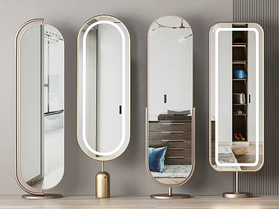 Stylish Modern Decorative Floor Mirrors With Lighted Gold Frame And Oval Rectangular Shapes 3d model