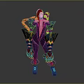 Purple Haired Fantasy Character With Biomechanical Arms Dark Outfit Yellow Red Accents