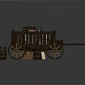 Vintage Wooden Cart With Wooden Wheels Barrels And Crates On Dark Background
