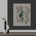 Textured Abstract Painting With White Green Relief On Gray Wall And Green Plants