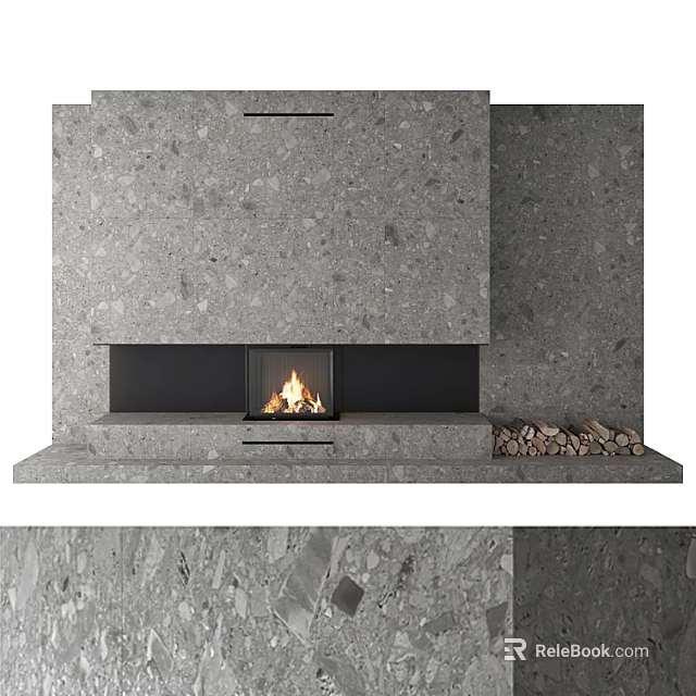 Gray Textured Background Wall Design With Central Fireplace Burning Fire And Wood Logs 3d model 