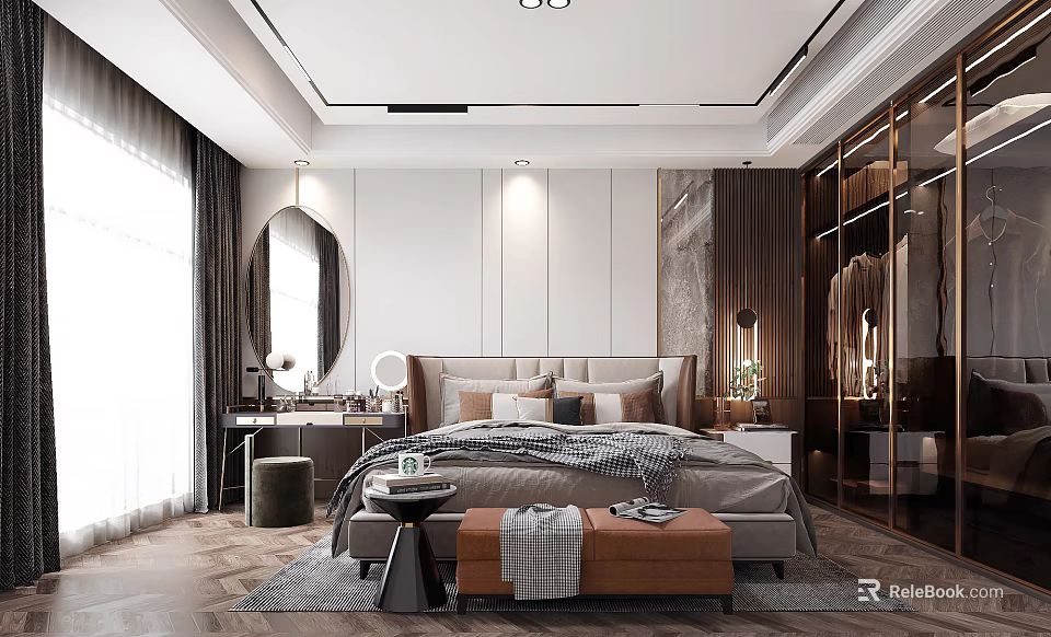 Elegant Modern Bedroom Interior With Upholstered Headboard Round Mirror And Area Rug Bench 3d model 