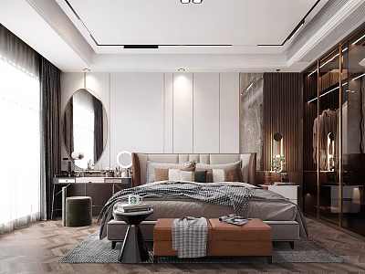 Elegant Modern Bedroom Interior With Upholstered Headboard Round Mirror And Area Rug Bench 3d model