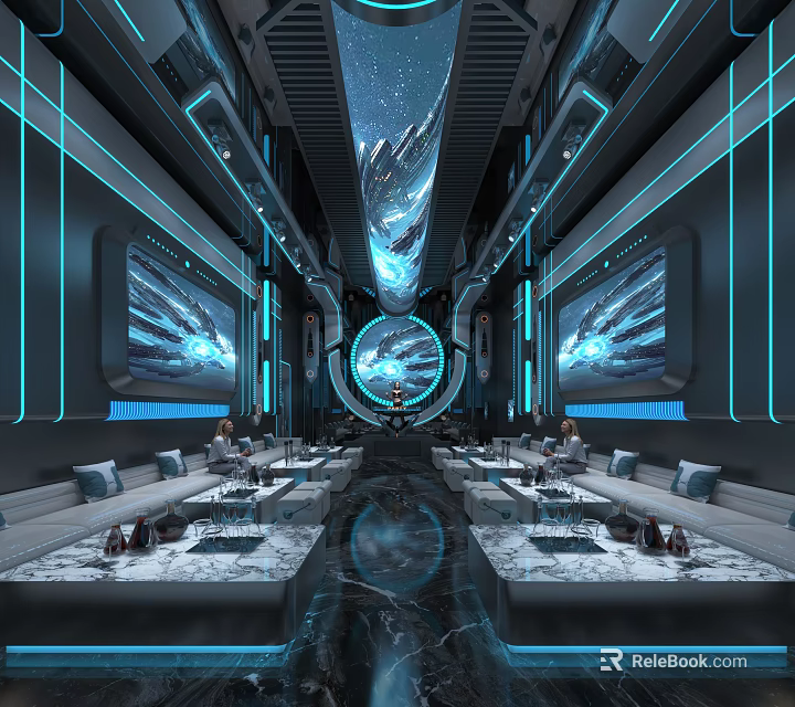 Modern Tech Style KTV Interior With Blue Lighting Large Screens Seating And Starry Ceiling 3d model