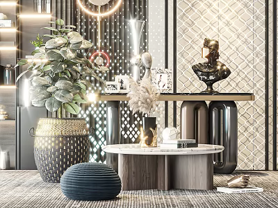 Elegant Coffee Table With Marble Top Wooden Base Decorative Sculpture Potted Plant And Blue Pouf 3d model