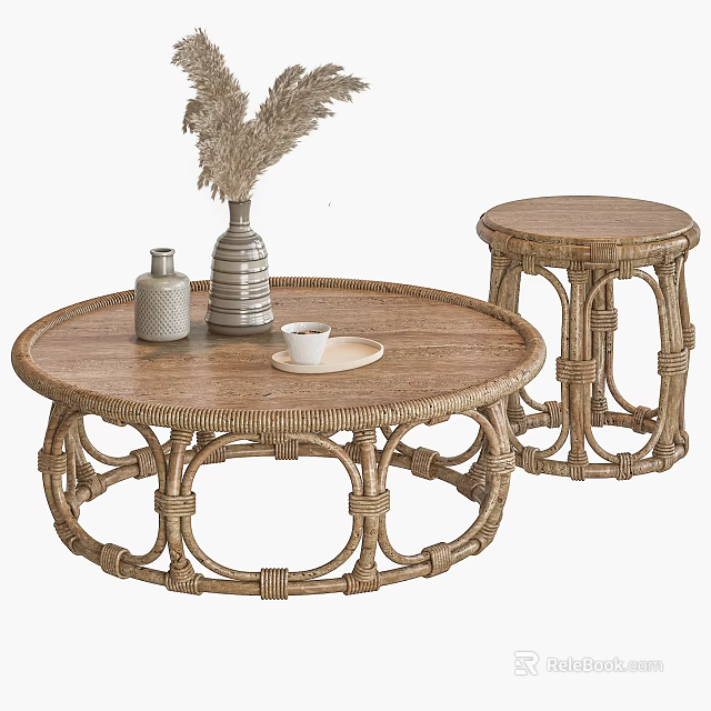 Round Rattan Coffee Table With Wooden Top And Small Side Table Featuring Vases And Cup 3d model 