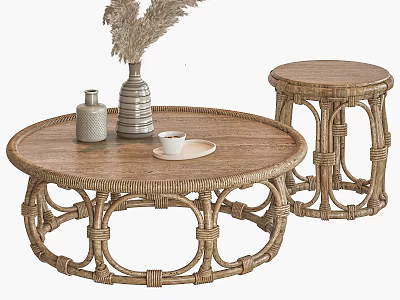 Round Rattan Coffee Table With Wooden Top And Small Side Table Featuring Vases And Cup 3d model