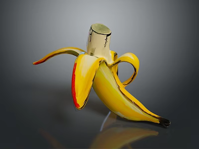 Peeled Banana with Yellow Skin Red Edges and Wooden Stem on Dark Shiny Surface 3d model
