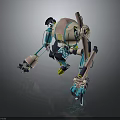 Robot Character Featuring Mechanical Design With Pink Blue Yellow Components And Articulated Limbs