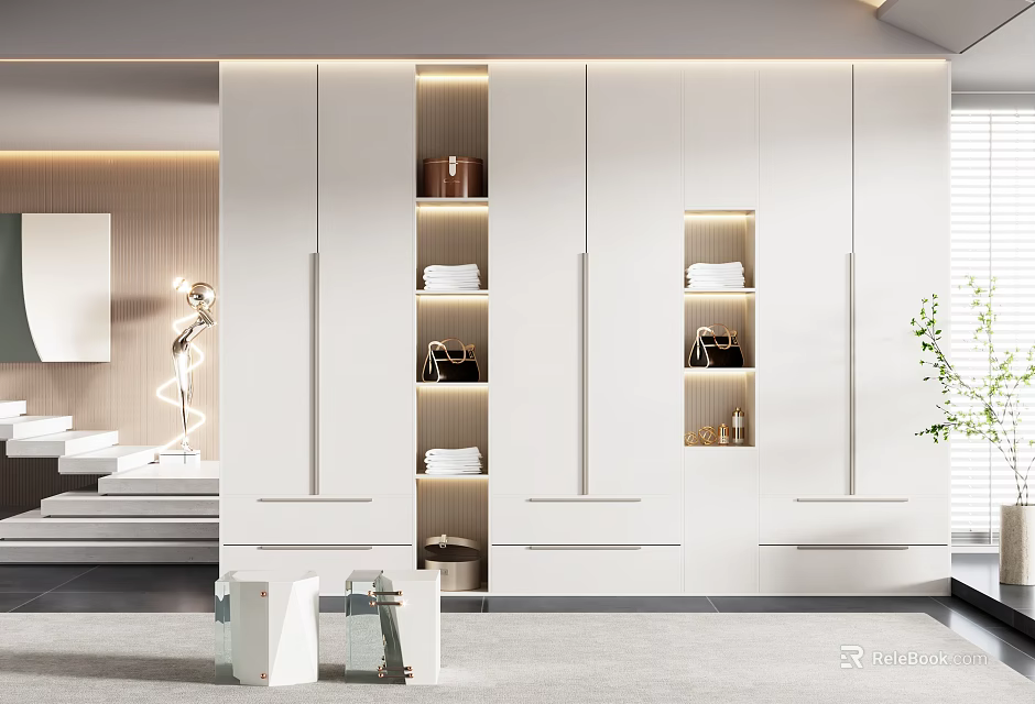 Modern Built In White Wardrobe Interior Design With Open Shelves And LED Lighting 3d model 