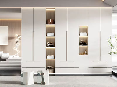 Modern Built In White Wardrobe Interior Design With Open Shelves And LED Lighting 3d model