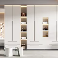 Modern Built In White Wardrobe Interior Design With Open Shelves And LED Lighting