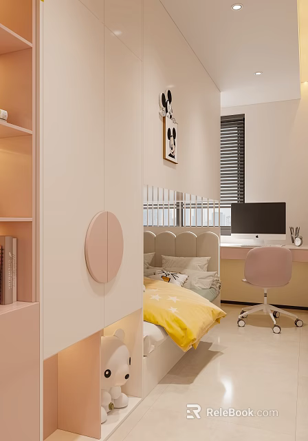 Cute Kids Room Interior With Pink Wardrobe Yellow Bed Mickey Painting And Study Desk 3d model 