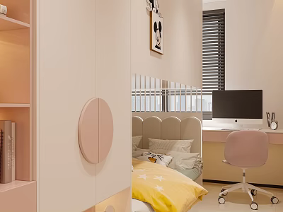 Cute Kids Room Interior With Pink Wardrobe Yellow Bed Mickey Painting And Study Desk 3d model